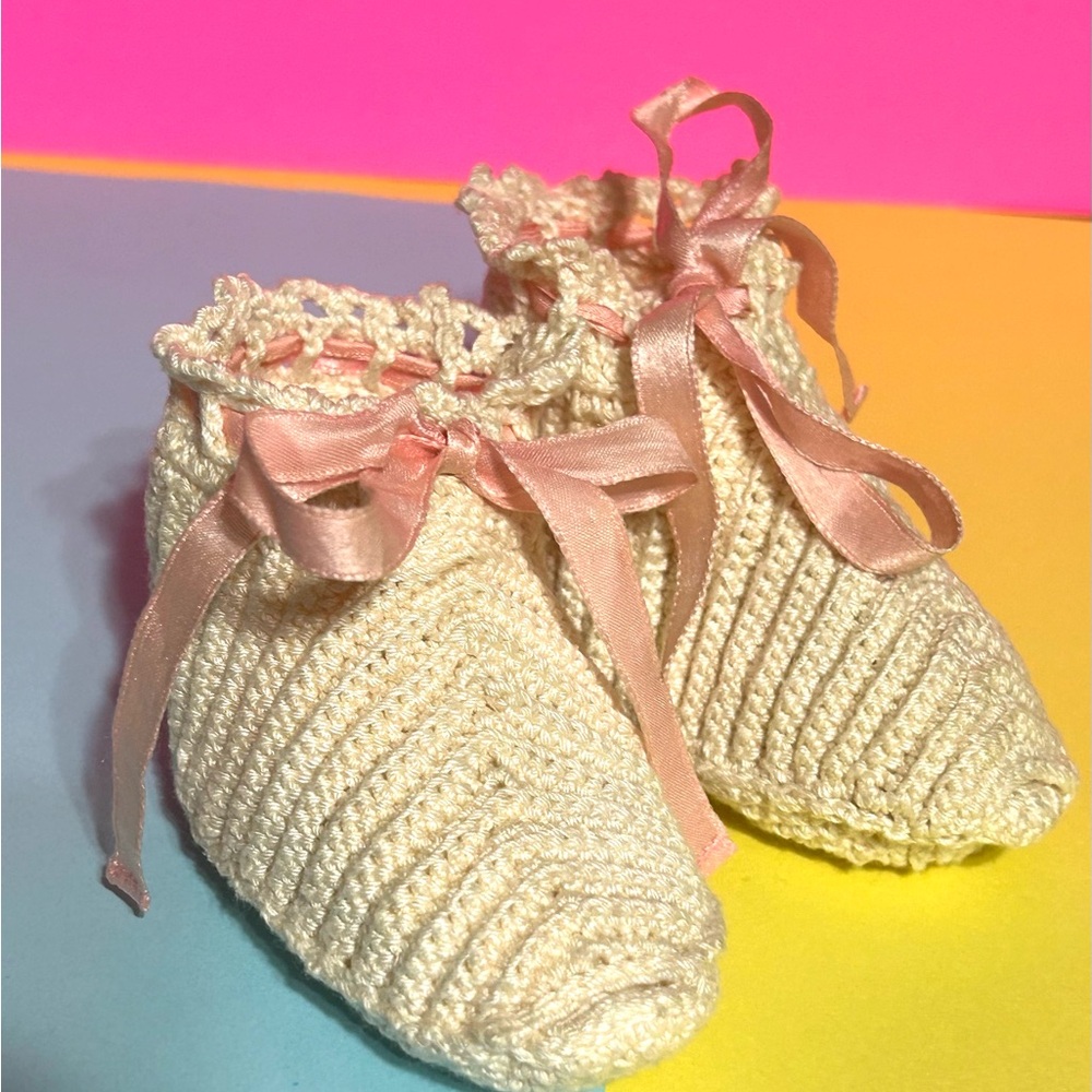 Vintage Hand Crafted Cream and Pink Baby Bootees